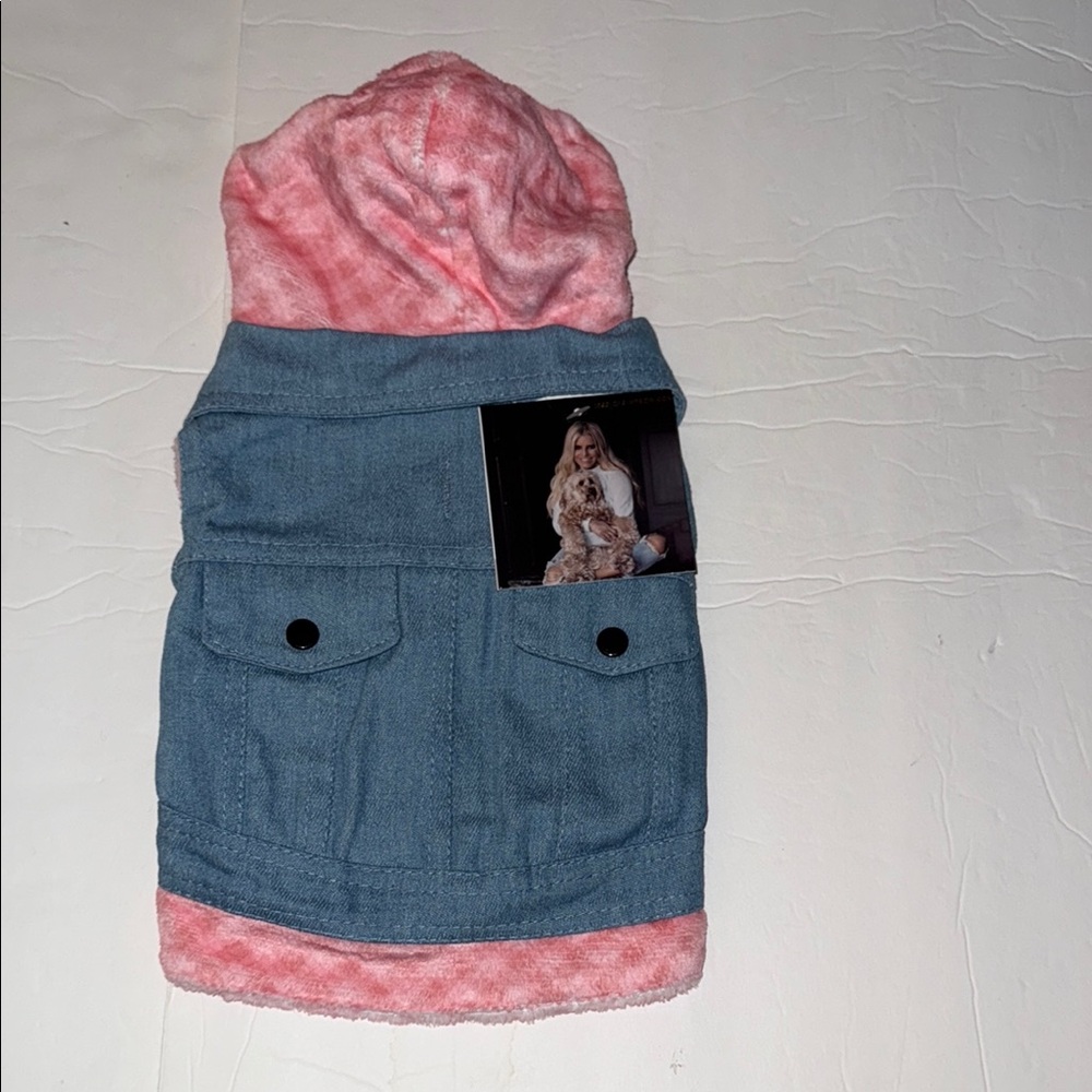NWT Jessica Simpson Dog Denim Blue Vest Pink Checkered Lined Hoodie Size S